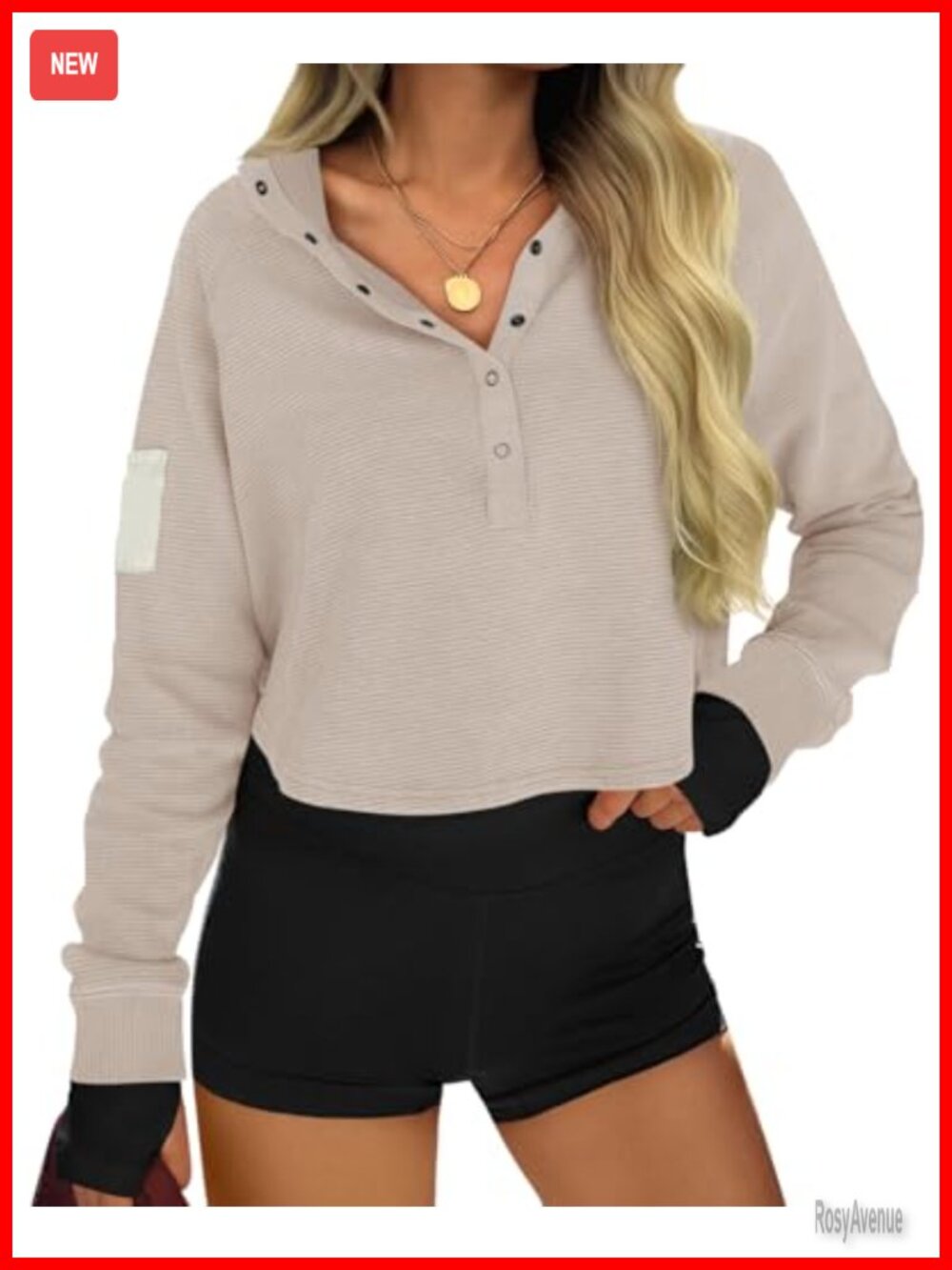 Womens Cropped Sweatshirt Henley Neck Snap Button Long Sleeve Ribbed Loose Fit